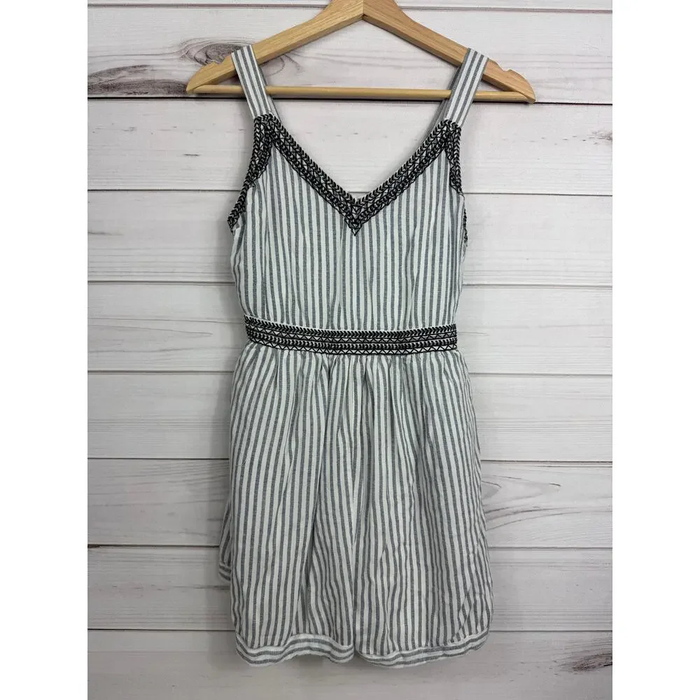 Japna‎ Womens Romper S Blue White Striped Embroidered Sleeveless V-Neck